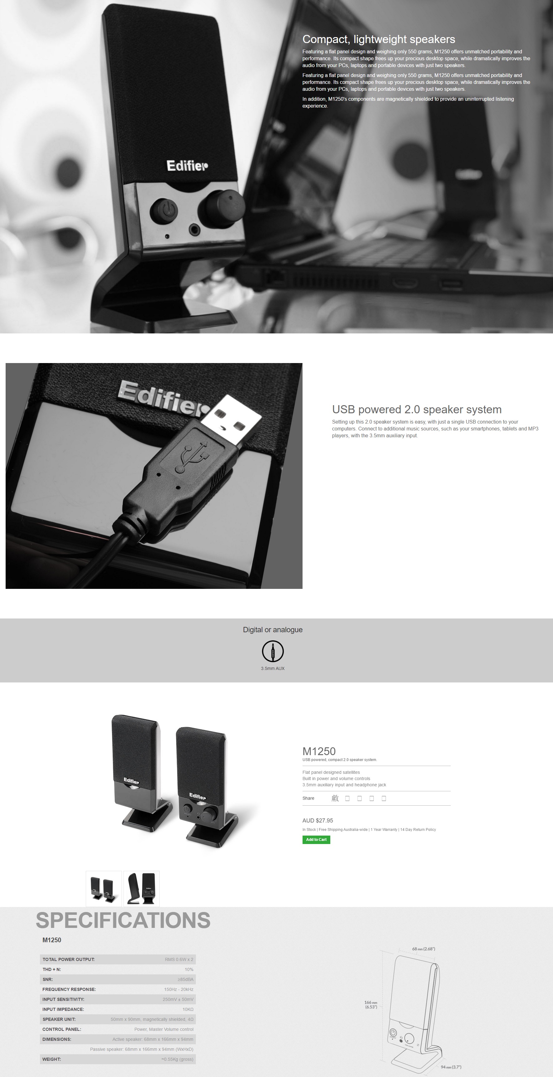 A large marketing image providing additional information about the product Edifier M1250 2.0 USB Speakers - Additional alt info not provided