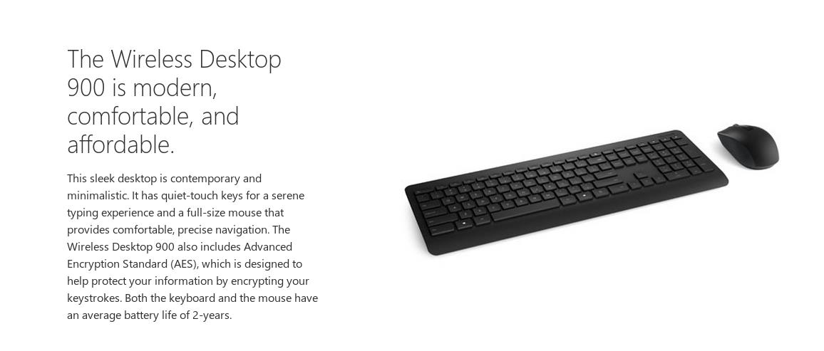 A large marketing image providing additional information about the product Microsoft Wireless Desktop 900 - Additional alt info not provided