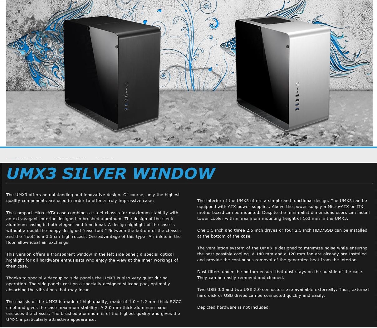 A large marketing image providing additional information about the product Jonsbo UMX3 Silver mATX Case w/Side Panel Window - Additional alt info not provided