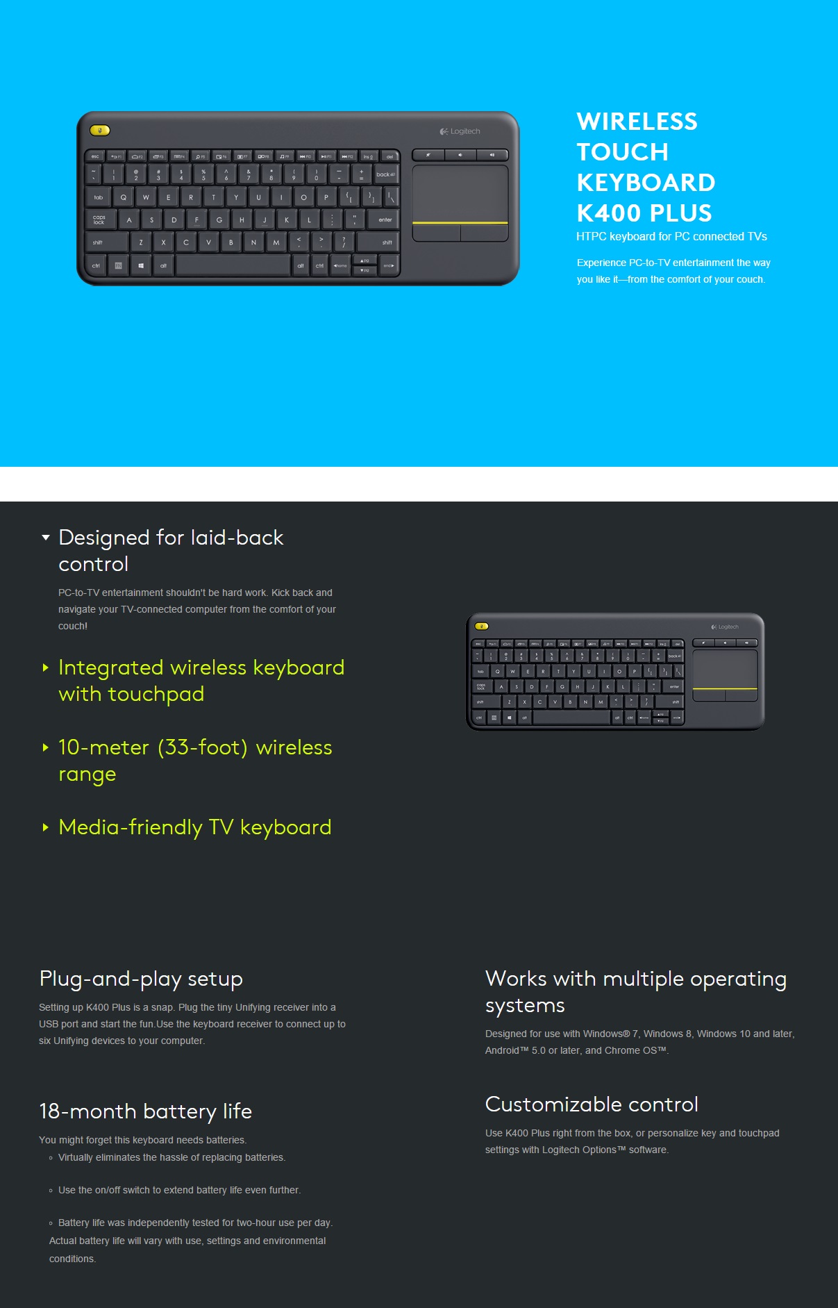 A large marketing image providing additional information about the product Logitech K400 Plus Wireless Touch Keyboard - Additional alt info not provided
