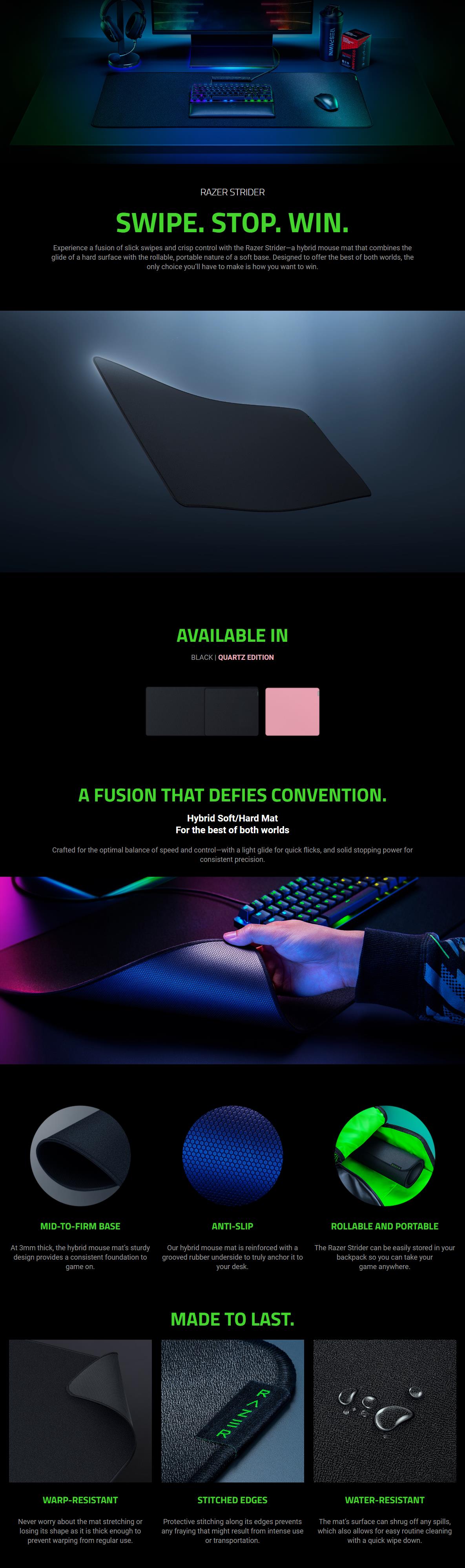 A large marketing image providing additional information about the product Razer Strider - Hybrid Gaming Mouse Mat (Large, Quartz Pink) - Additional alt info not provided