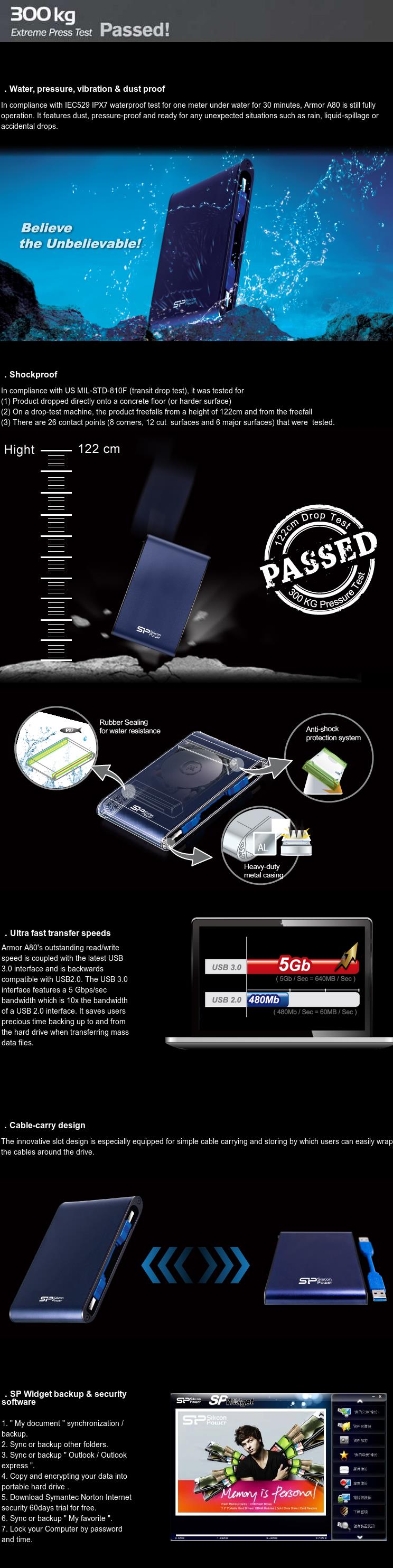 A large marketing image providing additional information about the product Silicon Power Armor A80  Portable HDD - 2TB  Blue - Additional alt info not provided