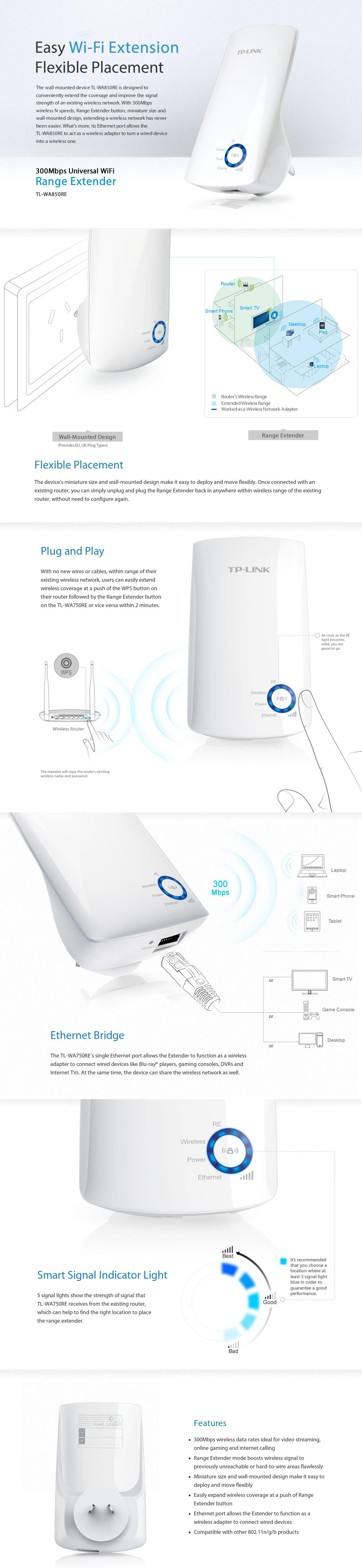 A large marketing image providing additional information about the product TP-Link WA850RE - N300 Wi-Fi 4 Range Extender - Additional alt info not provided