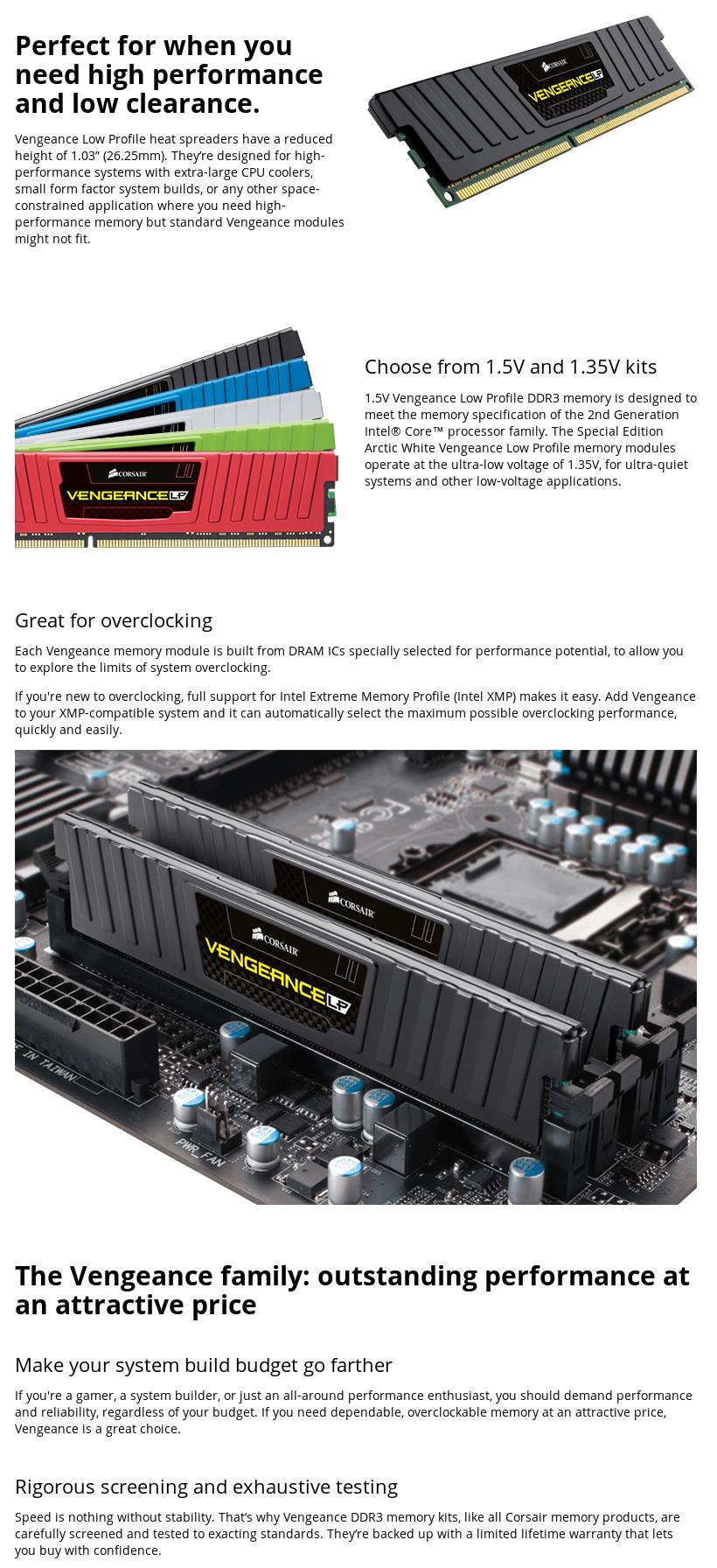 A large marketing image providing additional information about the product Corsair 16GB Kit (2x8GB) DDR3 Vengeance Low Profile C9 1600MHz - Black - Additional alt info not provided