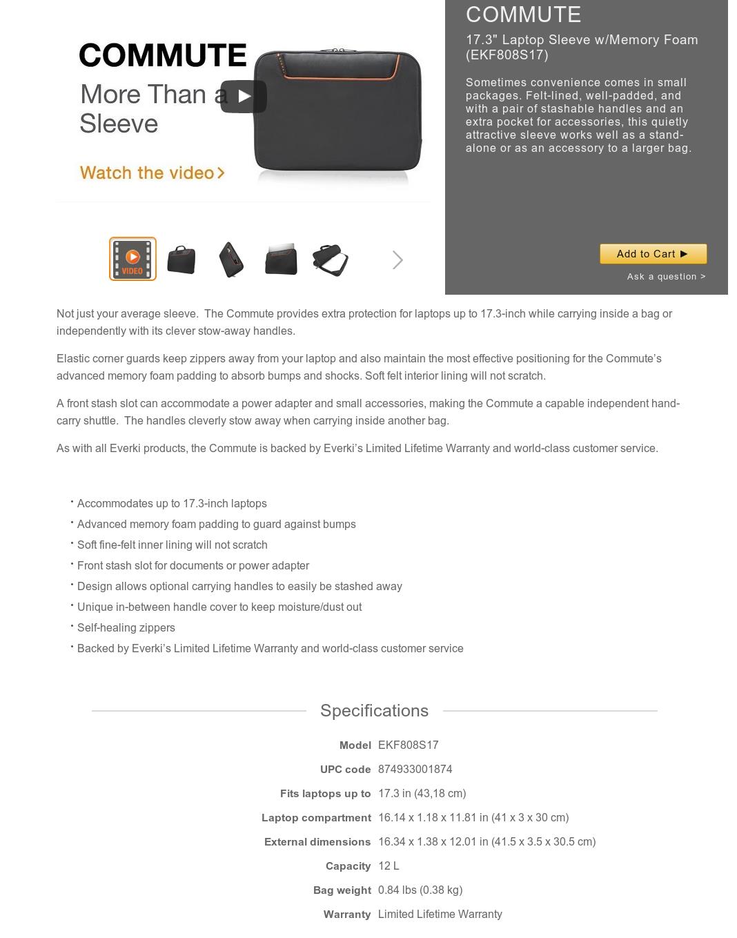 A large marketing image providing additional information about the product Everki 17" Commute Sleeve Notebook Bag - Additional alt info not provided
