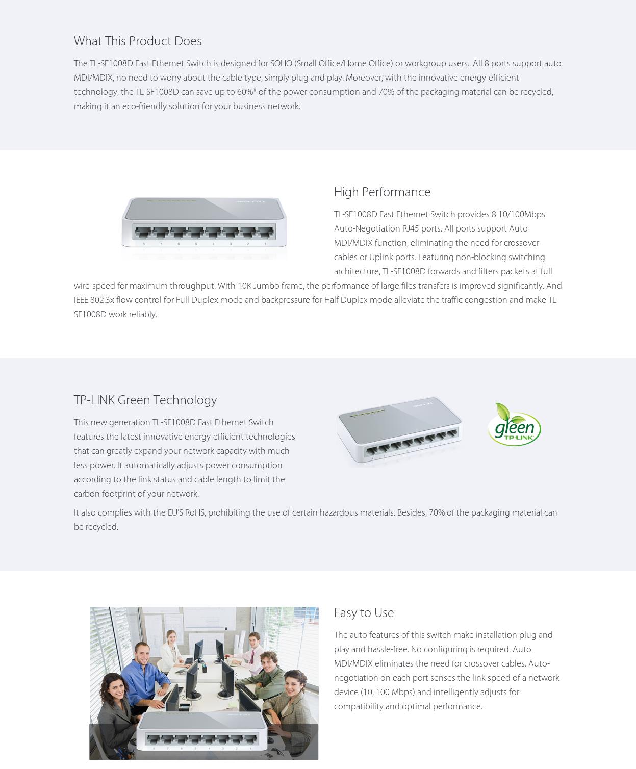 A large marketing image providing additional information about the product TP-Link SF1008D - 8-Port 10/100Mbps Desktop Switch - Additional alt info not provided