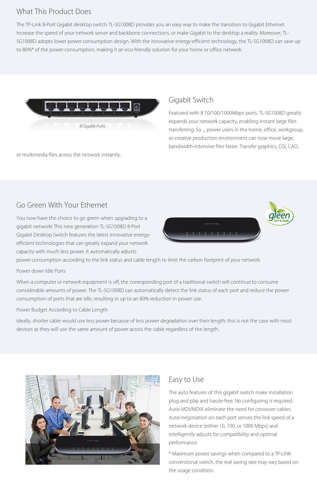 A large marketing image providing additional information about the product TP-Link SG1008D - 8-Port Gigabit Desktop Switch - Additional alt info not provided