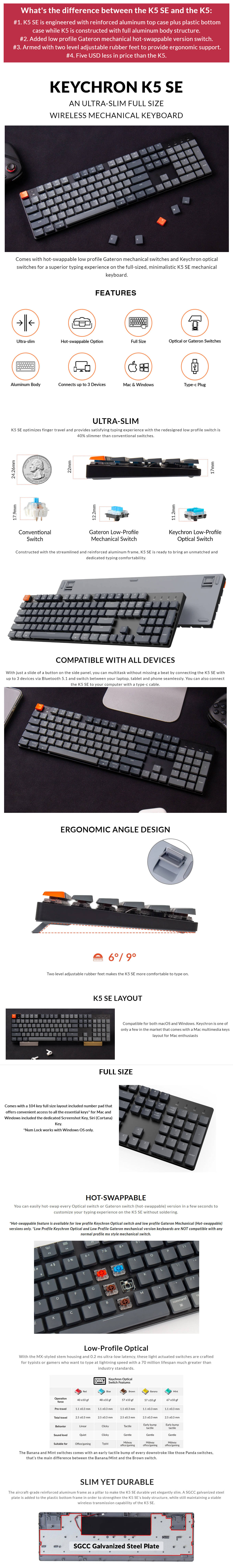 A large marketing image providing additional information about the product Keychron K5 SE RGB Low Profile Wireless Mechanical Keyboard - (Optical Brown Switch) - Additional alt info not provided