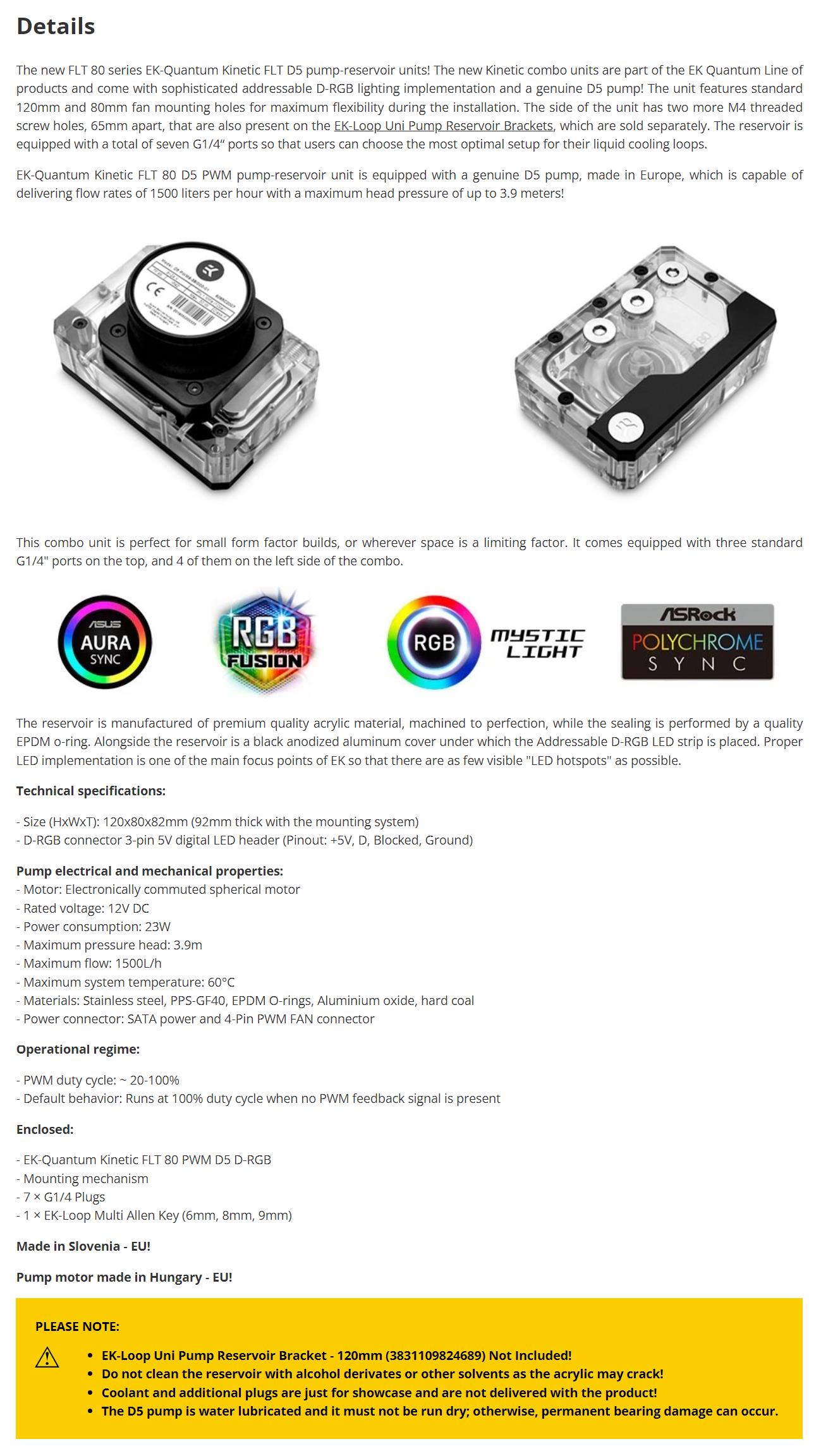 A large marketing image providing additional information about the product EK Quantum Kinetic FLT 80 D5 PWM D-RGB - Plexi - Additional alt info not provided