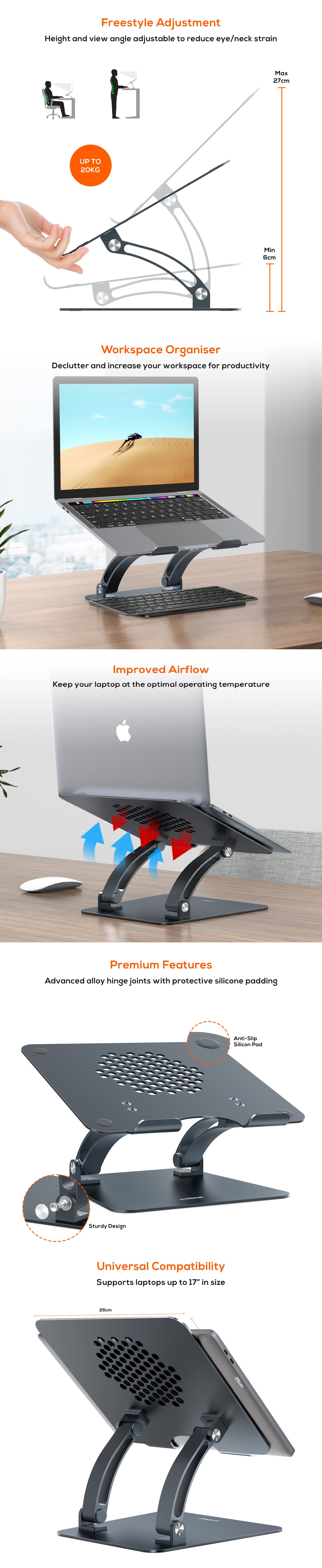 A large marketing image providing additional information about the product mbeat Stage S6 Adjustable Elevated Notebook Stand - Additional alt info not provided