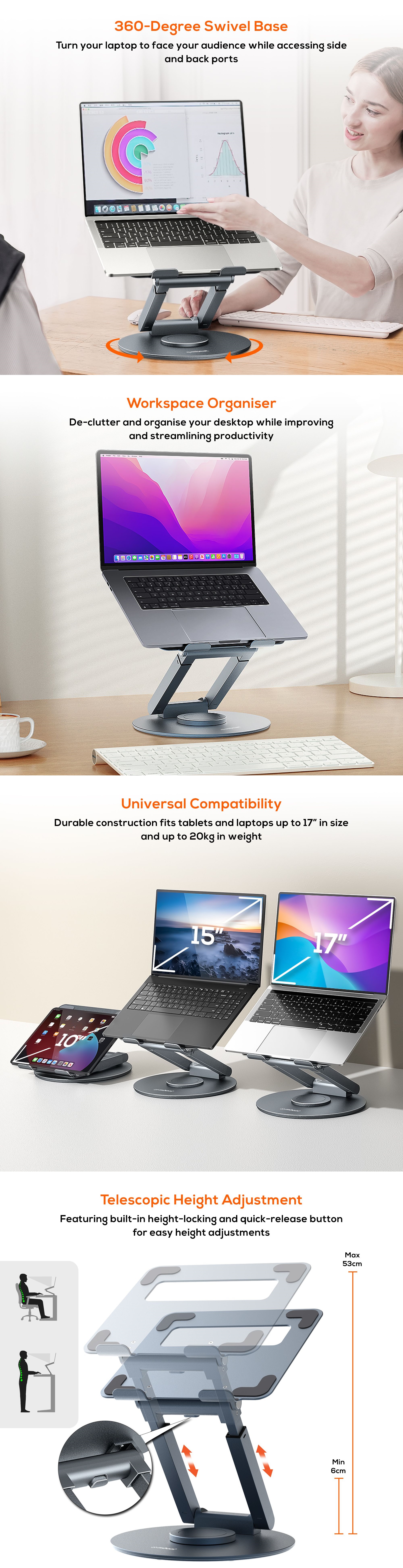A large marketing image providing additional information about the product mBeat Stage S9 360 Degrees Rotating Notebook Stand w/ Telescopic Height Adjustment - Additional alt info not provided