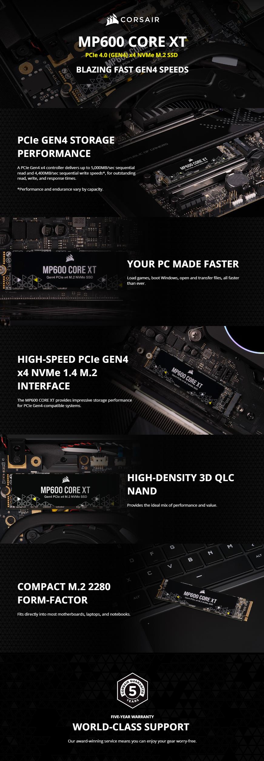 A large marketing image providing additional information about the product Corsair MP600 CORE XT PCIe Gen4 NVMe M.2 SSD - 1TB - Additional alt info not provided