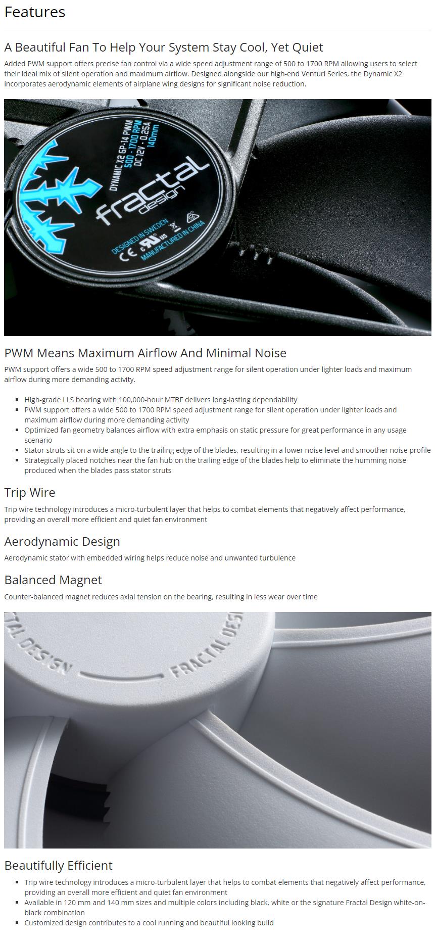 A large marketing image providing additional information about the product Fractal Design Dynamic X2 GP-14 140mm PWM Fan - White - Additional alt info not provided