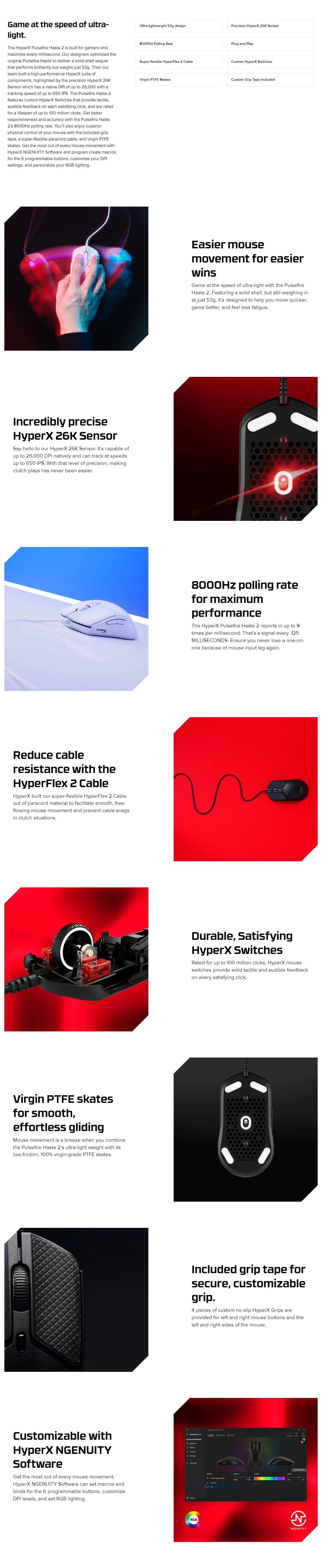A large marketing image providing additional information about the product HyperX Pulsefire Haste 2 - Wired Gaming Mouse (Black) - Additional alt info not provided