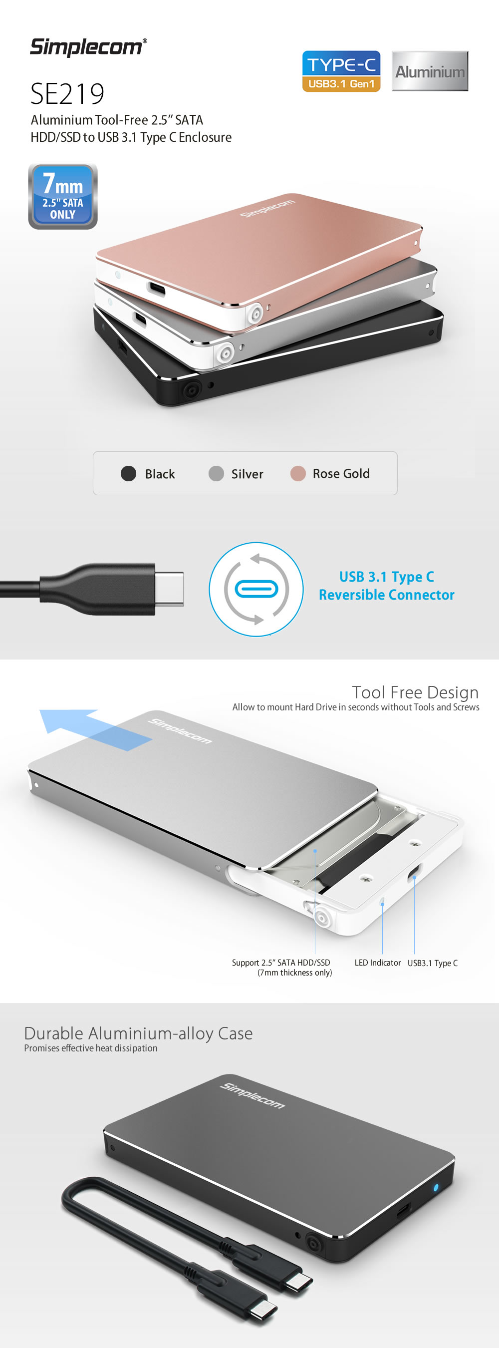 A large marketing image providing additional information about the product Simplecom SE219 Aluminium Tool-Free 2.5" SATA HDD/SSD USB-C Enclosure - Additional alt info not provided