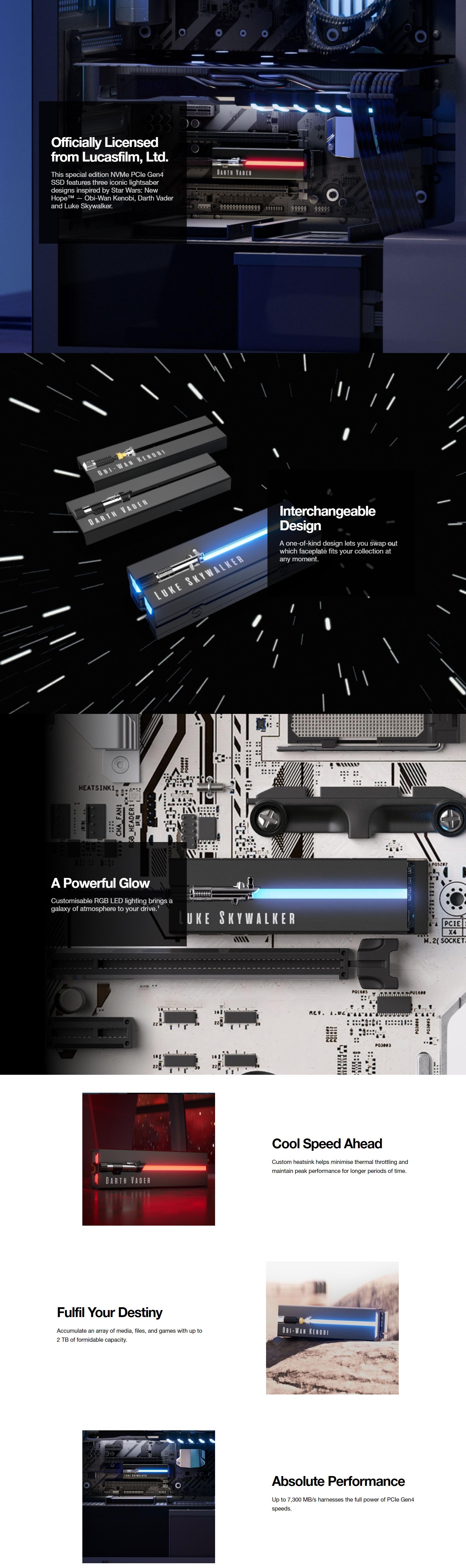 A large marketing image providing additional information about the product Seagate FireCuda w/ Heatsink PCIe Gen4 NVMe M.2 SSD - Star Wars Lightsaber Special Edition 1TB - Additional alt info not provided