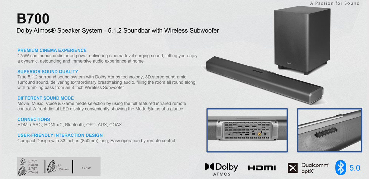 A large marketing image providing additional information about the product Edifier Dolby Atmos Speaker System - 5.1.2 Soundbar w/ Wireless Subwoofer - Additional alt info not provided