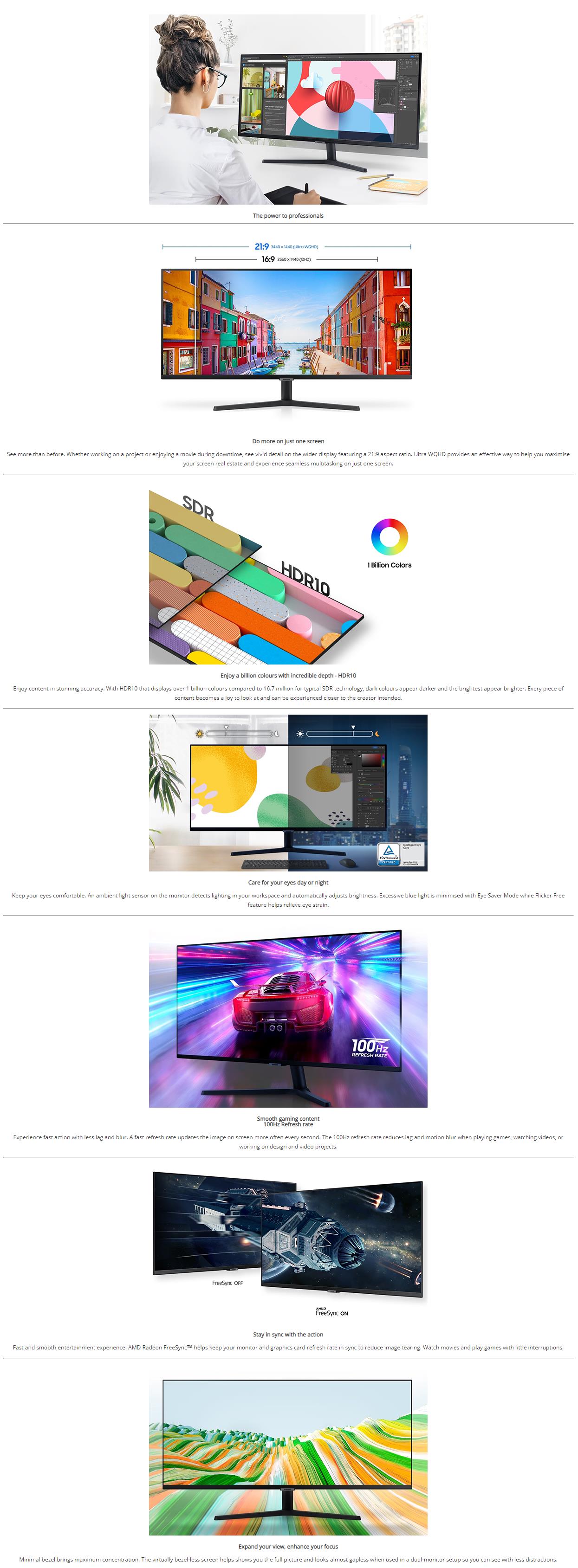 A large marketing image providing additional information about the product Samsung ViewFinity S50GC 34" 1440p Ultrawide 100Hz VA Monitor - Additional alt info not provided