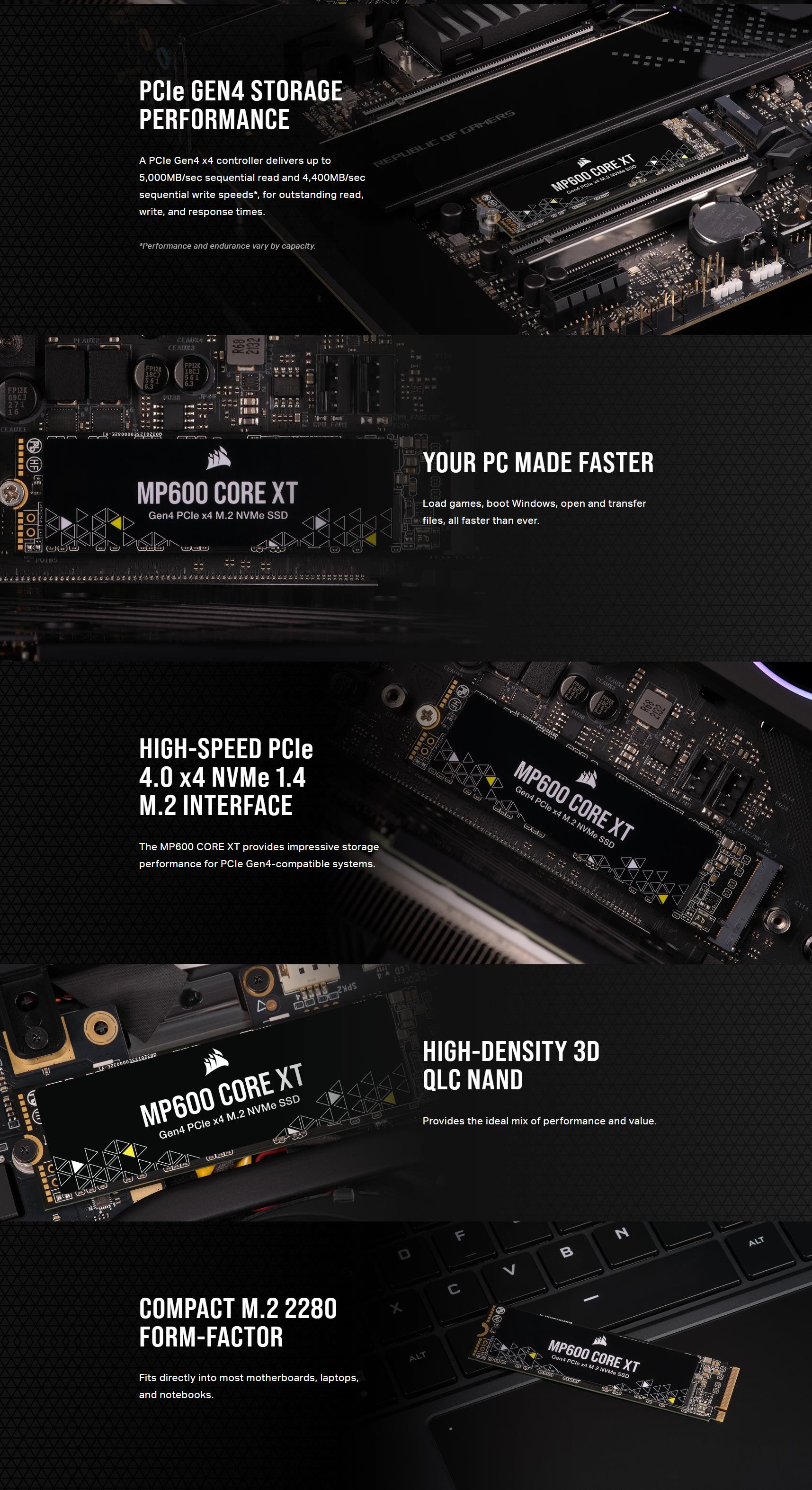 A large marketing image providing additional information about the product Corsair MP600 CORE XT PCIe Gen4 NVMe M.2 SSD - 2TB - Additional alt info not provided