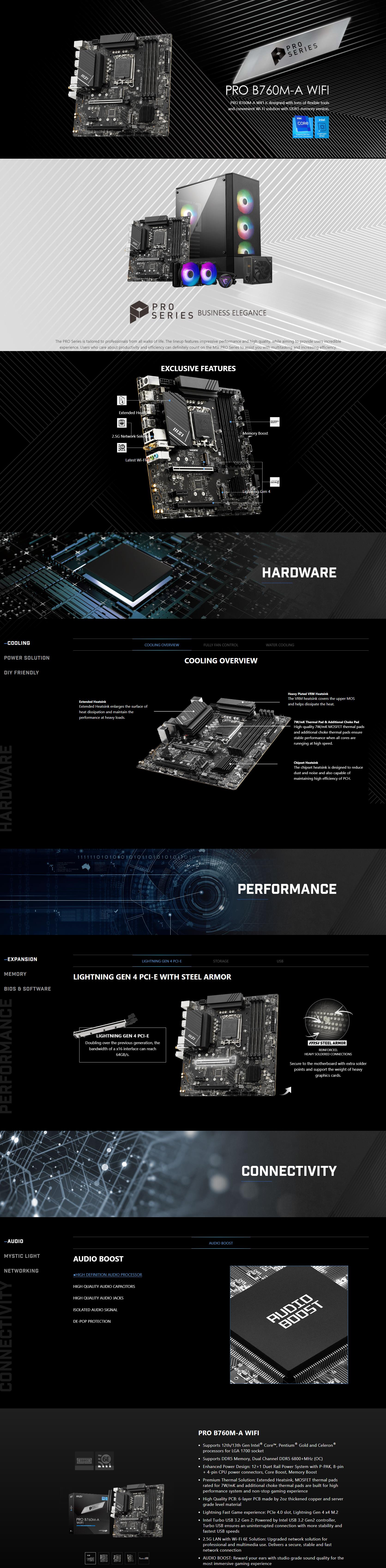 A large marketing image providing additional information about the product MSI PRO B760M-A WiFi LGA1700 mATX Desktop Motherboard - Additional alt info not provided