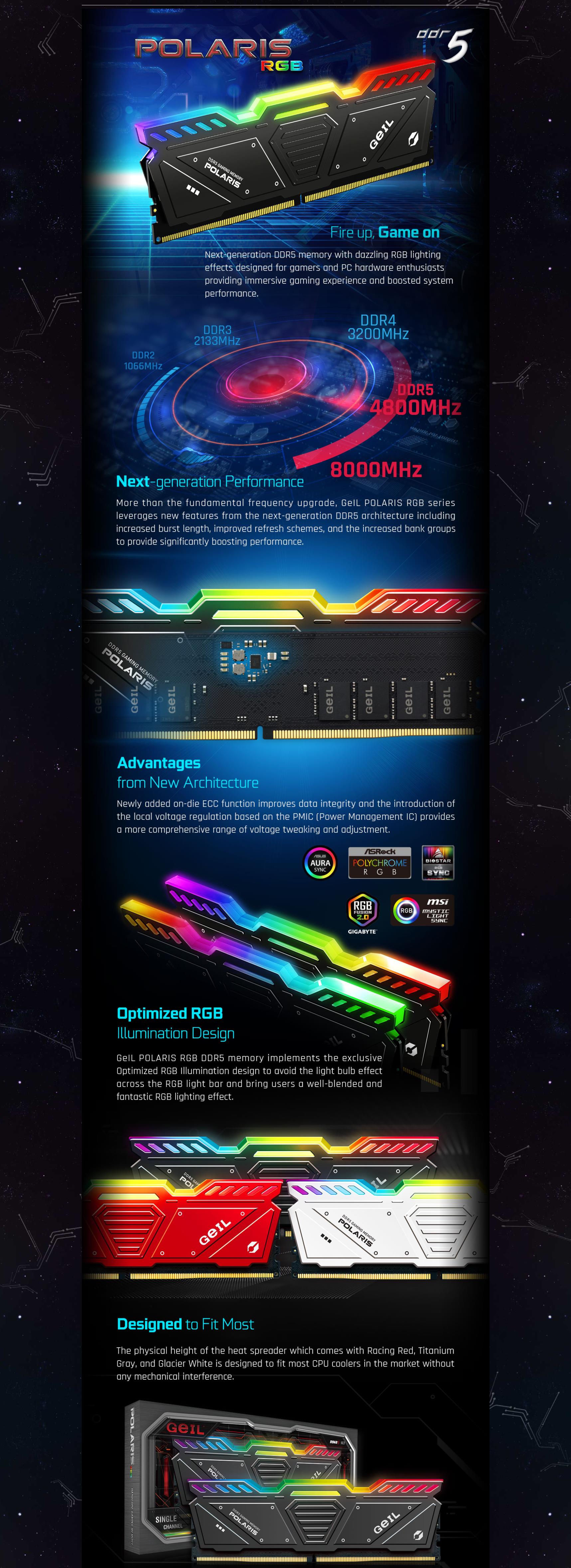 A large marketing image providing additional information about the product GeIL 32GB Kit (2x16GB) DDR5 Polaris AMD Edition RGB C38 6000MHz - Grey - Additional alt info not provided