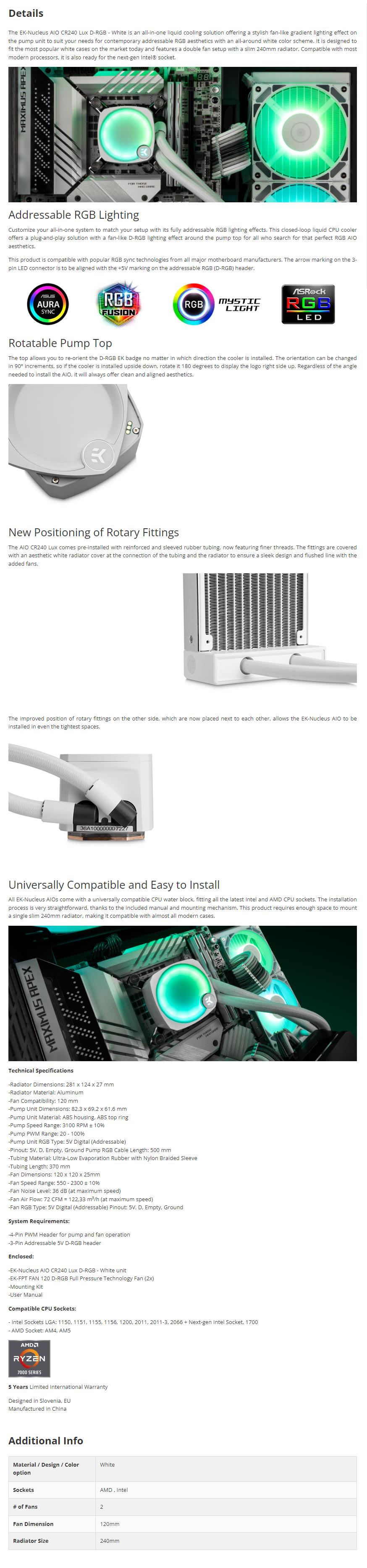 A large marketing image providing additional information about the product EK Nucleus 240mm Lux D-RGB AIO Liquid CPU Cooler - White - Additional alt info not provided