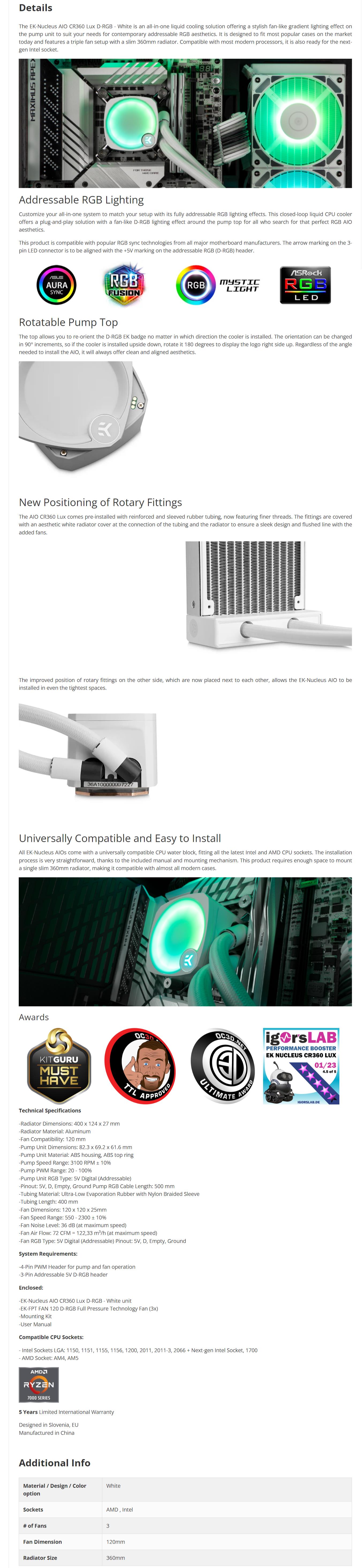 A large marketing image providing additional information about the product EK Nucleus 360mm Lux D-RGB AIO Liquid CPU Cooler - White - Additional alt info not provided