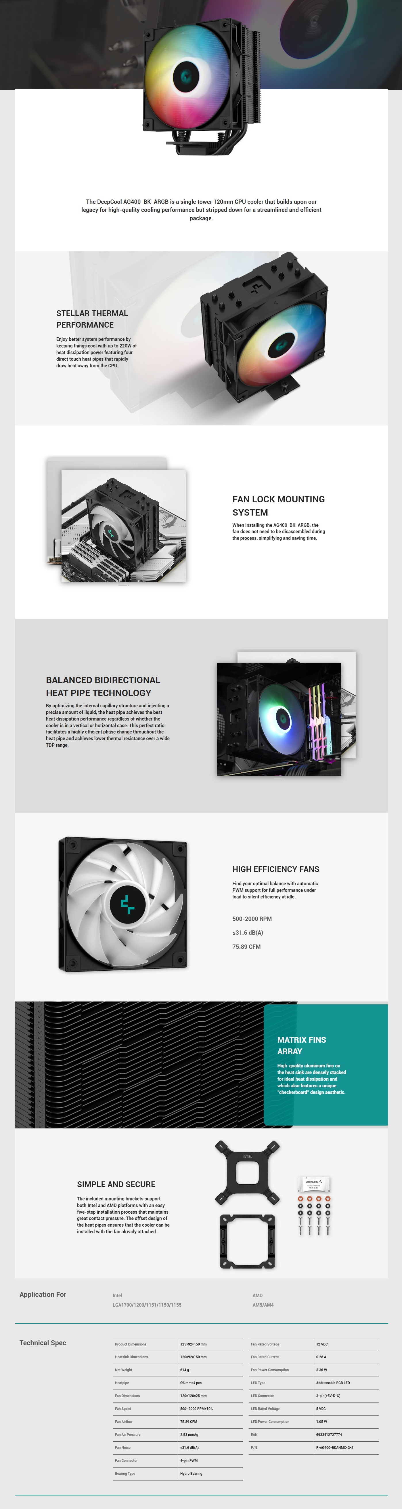 A large marketing image providing additional information about the product DeepCool AG400 Black ARGB CPU Cooler - Additional alt info not provided