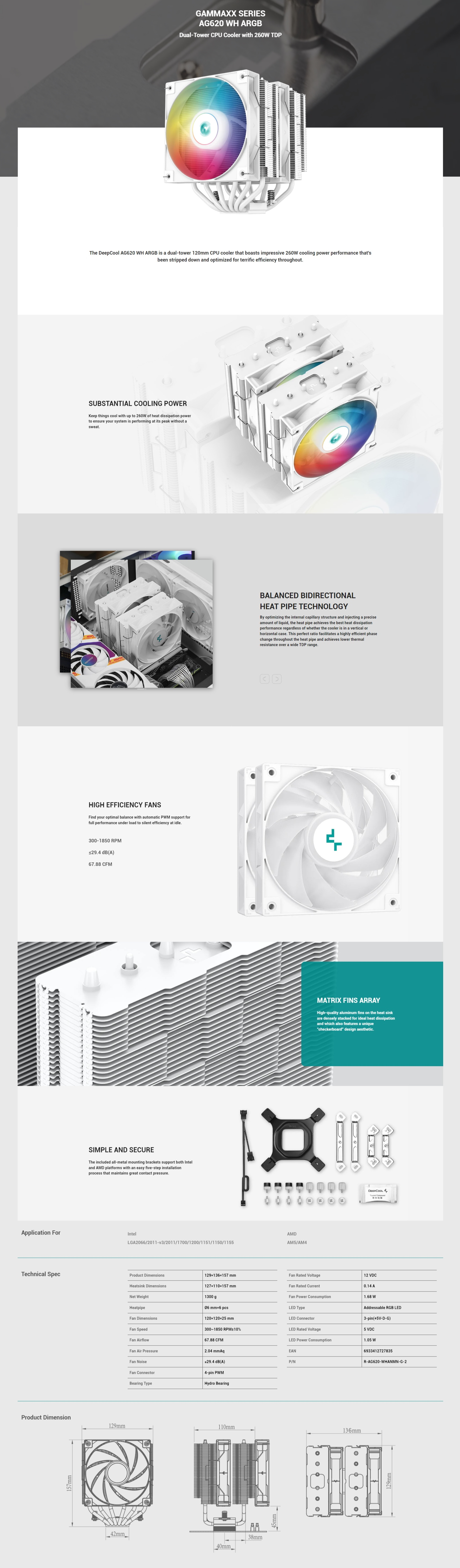 A large marketing image providing additional information about the product DeepCool AG620 ARGB CPU Cooler - White - Additional alt info not provided
