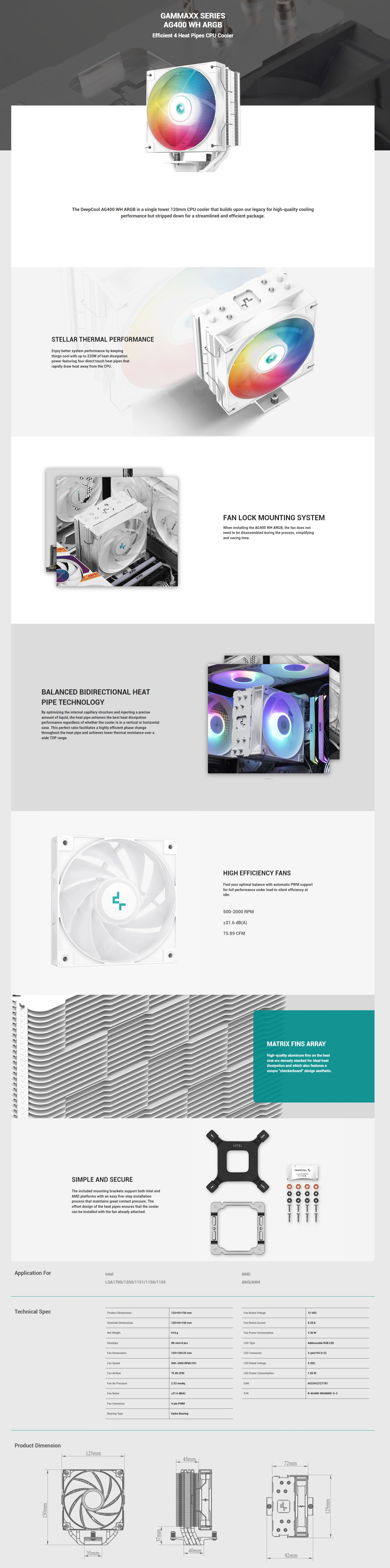 A large marketing image providing additional information about the product DeepCool AG400 ARGB CPU Cooler - White  - Additional alt info not provided