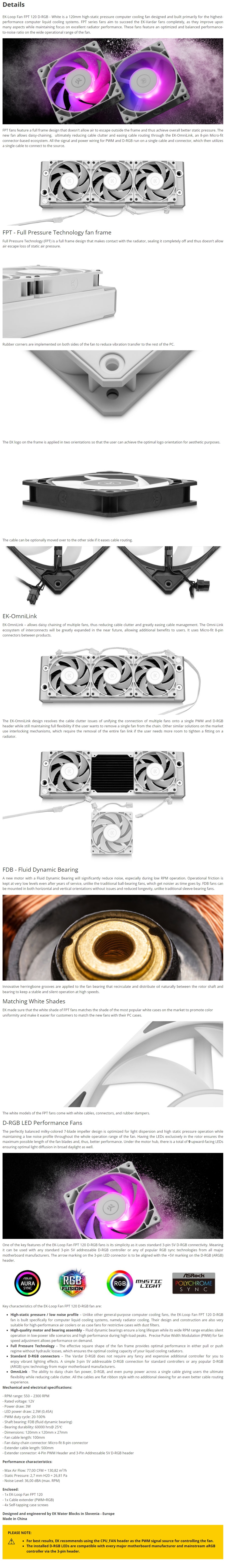A large marketing image providing additional information about the product EK Loop FPT 120 D-RGB 120mm Fan - White - Additional alt info not provided