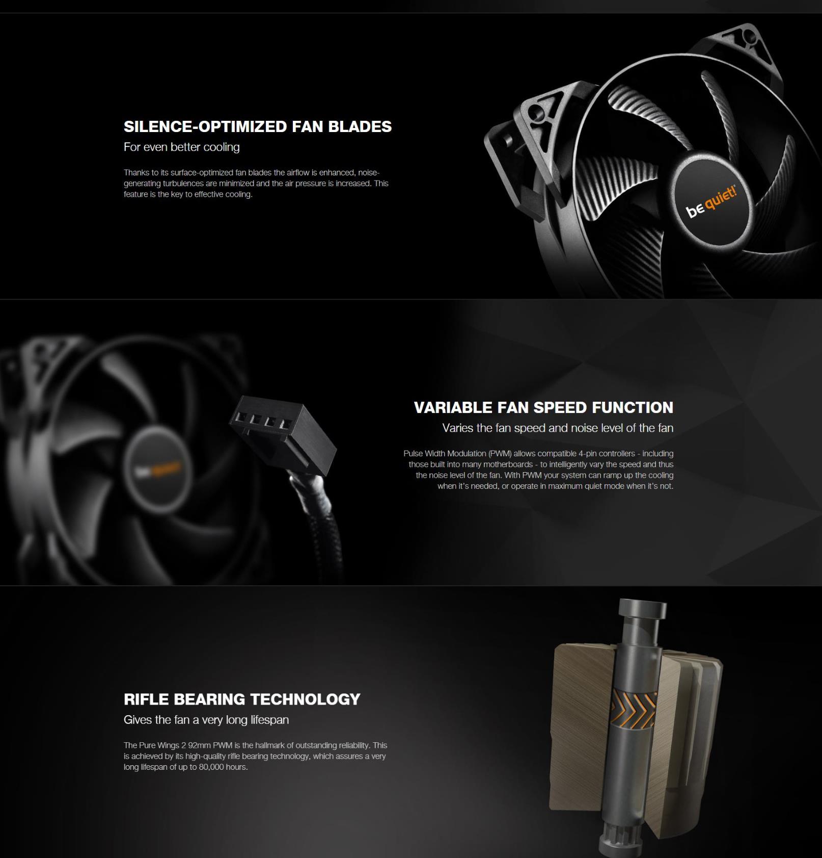 A large marketing image providing additional information about the product be quiet! PURE WINGS 2 92mm PWM Fan - Additional alt info not provided