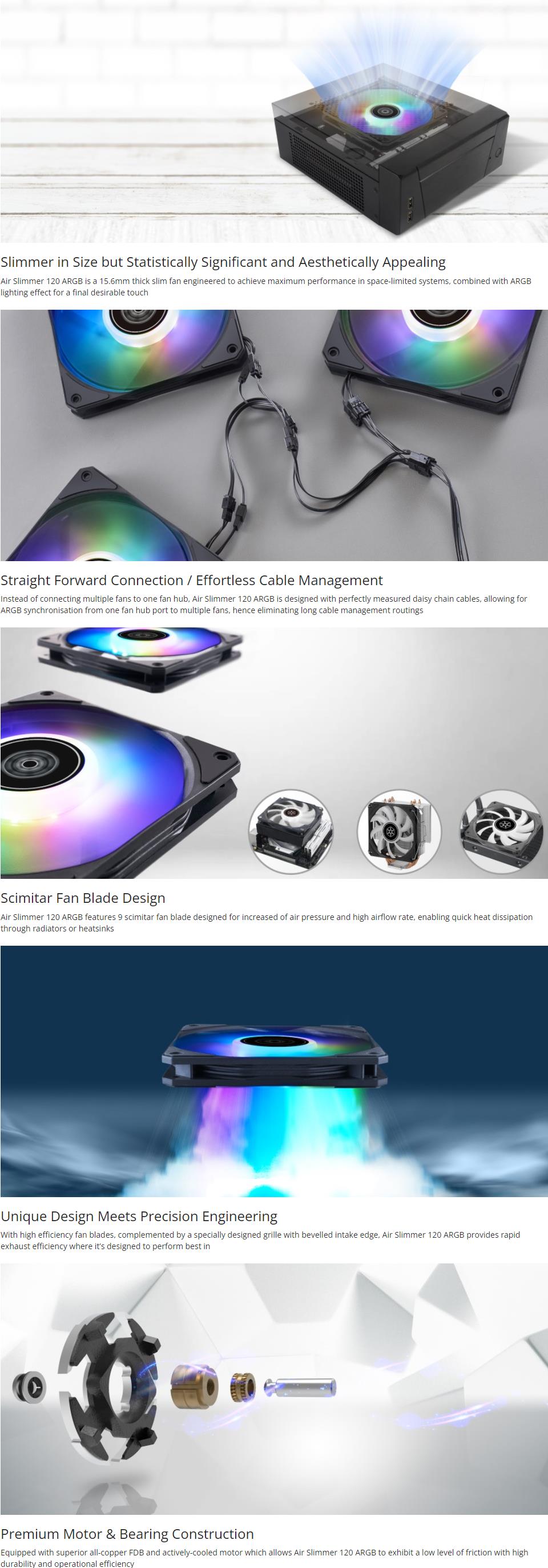 A large marketing image providing additional information about the product Silverstone Air Slimmer ARGB 120mm PWM Cooling Fan - Additional alt info not provided
