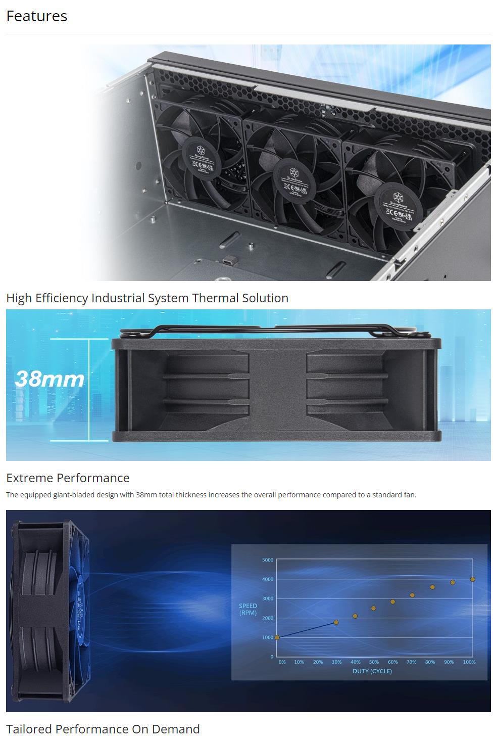 A large marketing image providing additional information about the product SilverStone FHS 120X High Performance 120mm PWM Industrial Cooling Fan - Additional alt info not provided