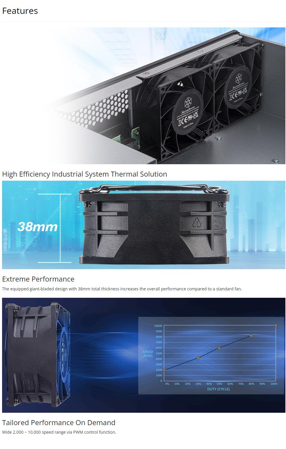 A large marketing image providing additional information about the product SilverStone FHS 80X High Performance 80mm PWM Industrial Cooling Fan - Additional alt info not provided