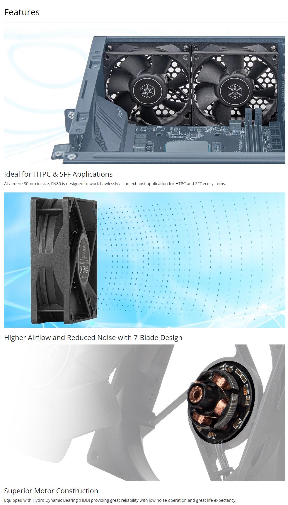 A large marketing image providing additional information about the product SilverStone FN80 High Performance 80mm Cooling Fan - Additional alt info not provided