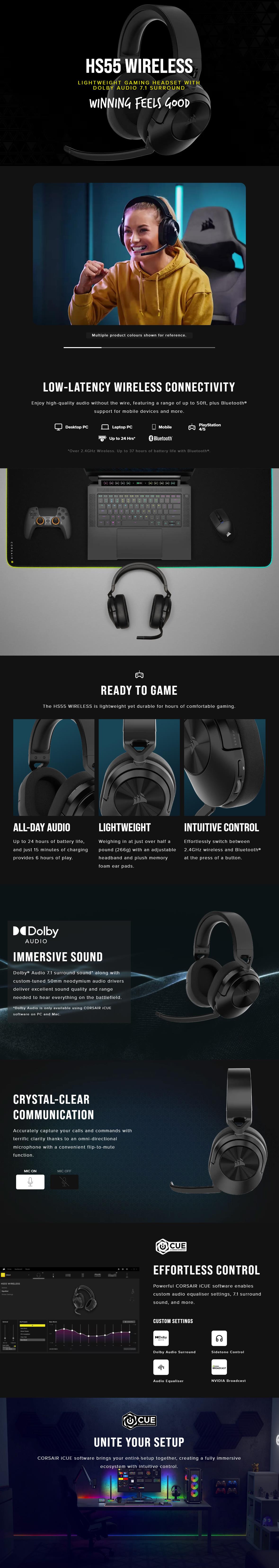 A large marketing image providing additional information about the product Corsair HS55 WIRELESS Gaming Headset — Carbon - Additional alt info not provided