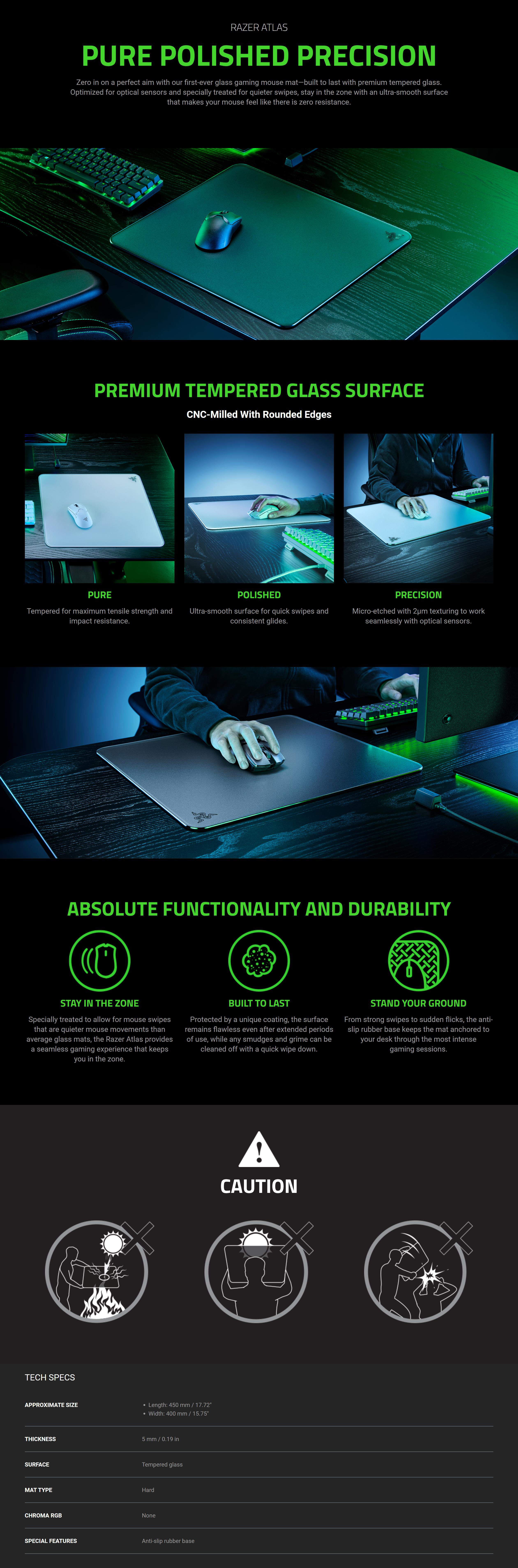 A large marketing image providing additional information about the product Razer Atlas - Premium Tempered Glass Mat (White) - Additional alt info not provided