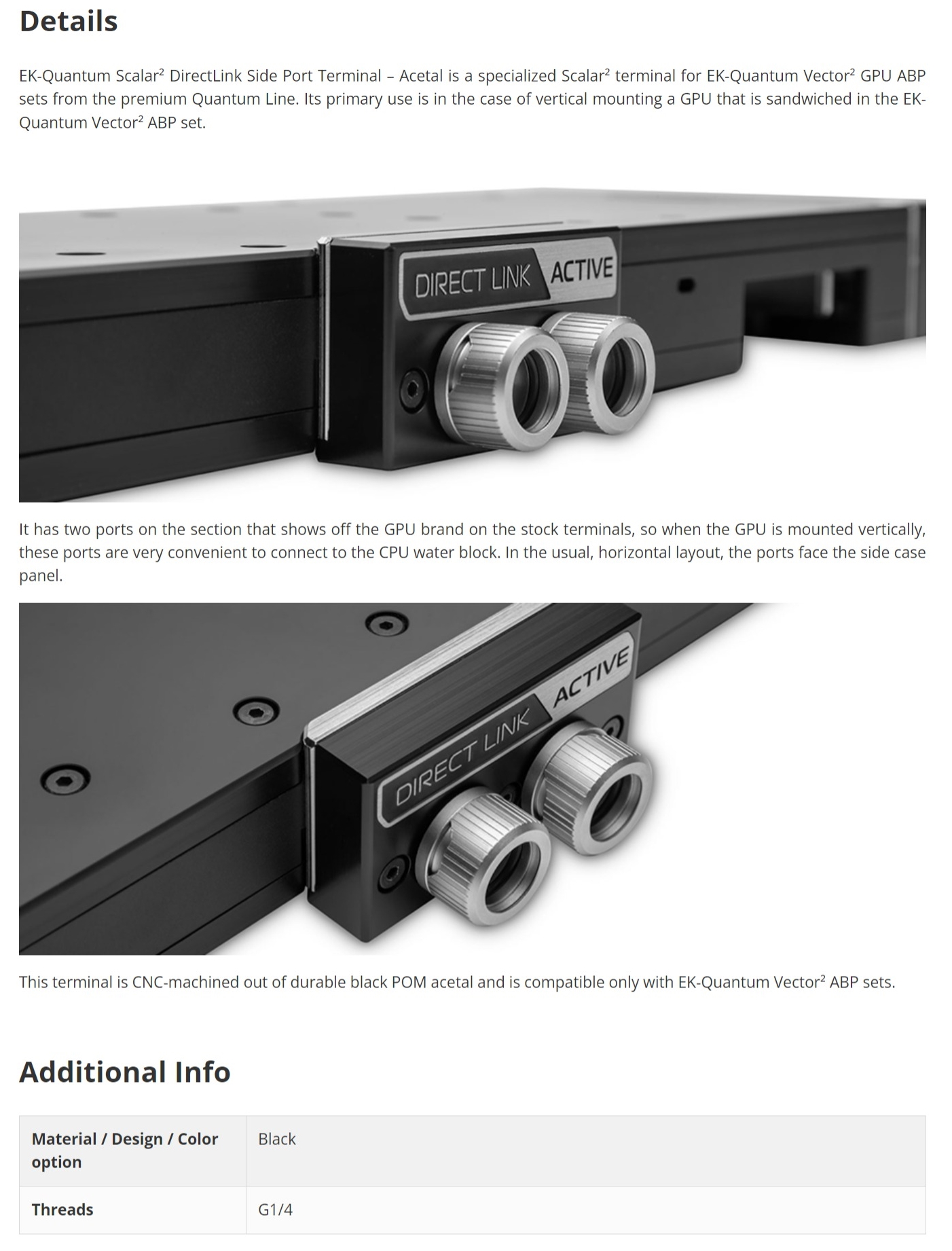 A large marketing image providing additional information about the product EK Quantum Scalar2 DirectLink Side Port Terminal – Acetal - Additional alt info not provided