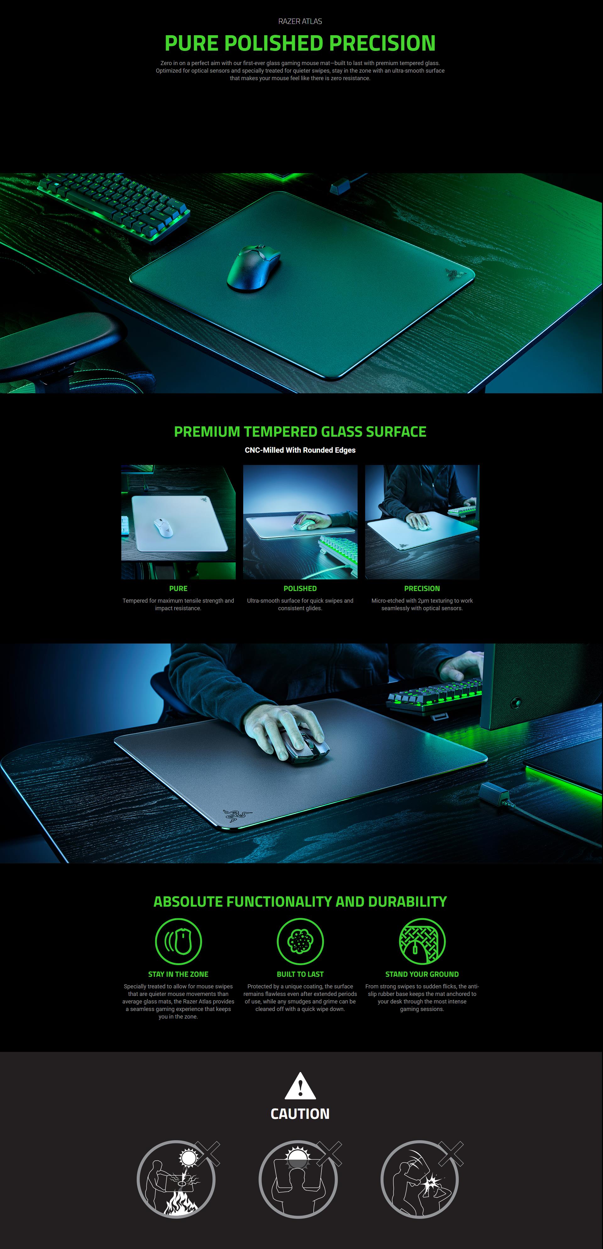 A large marketing image providing additional information about the product Razer Atlas - Premium Tempered Glass Mat (Black) - Additional alt info not provided