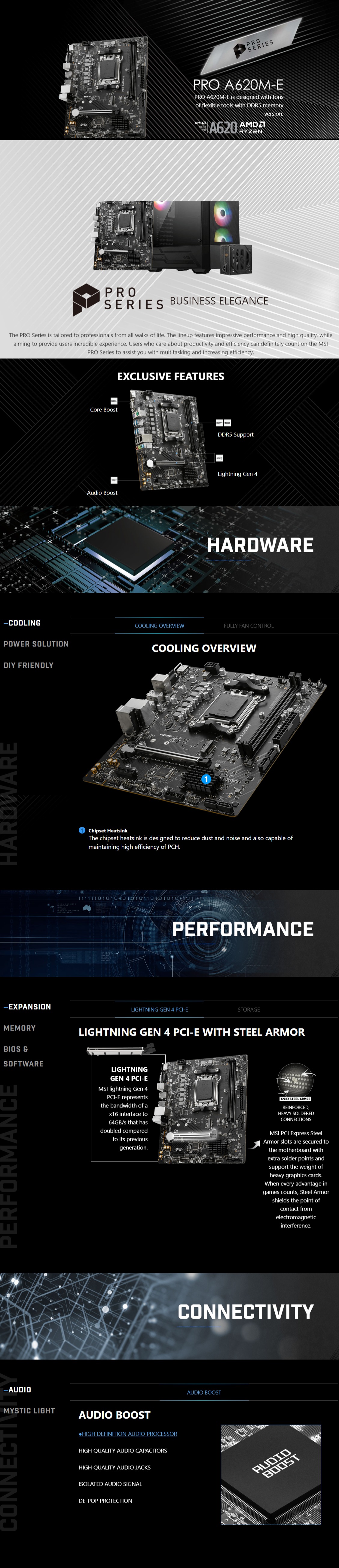 A large marketing image providing additional information about the product MSI PRO A620M-E AM5 mATX Desktop Motherboard - Additional alt info not provided