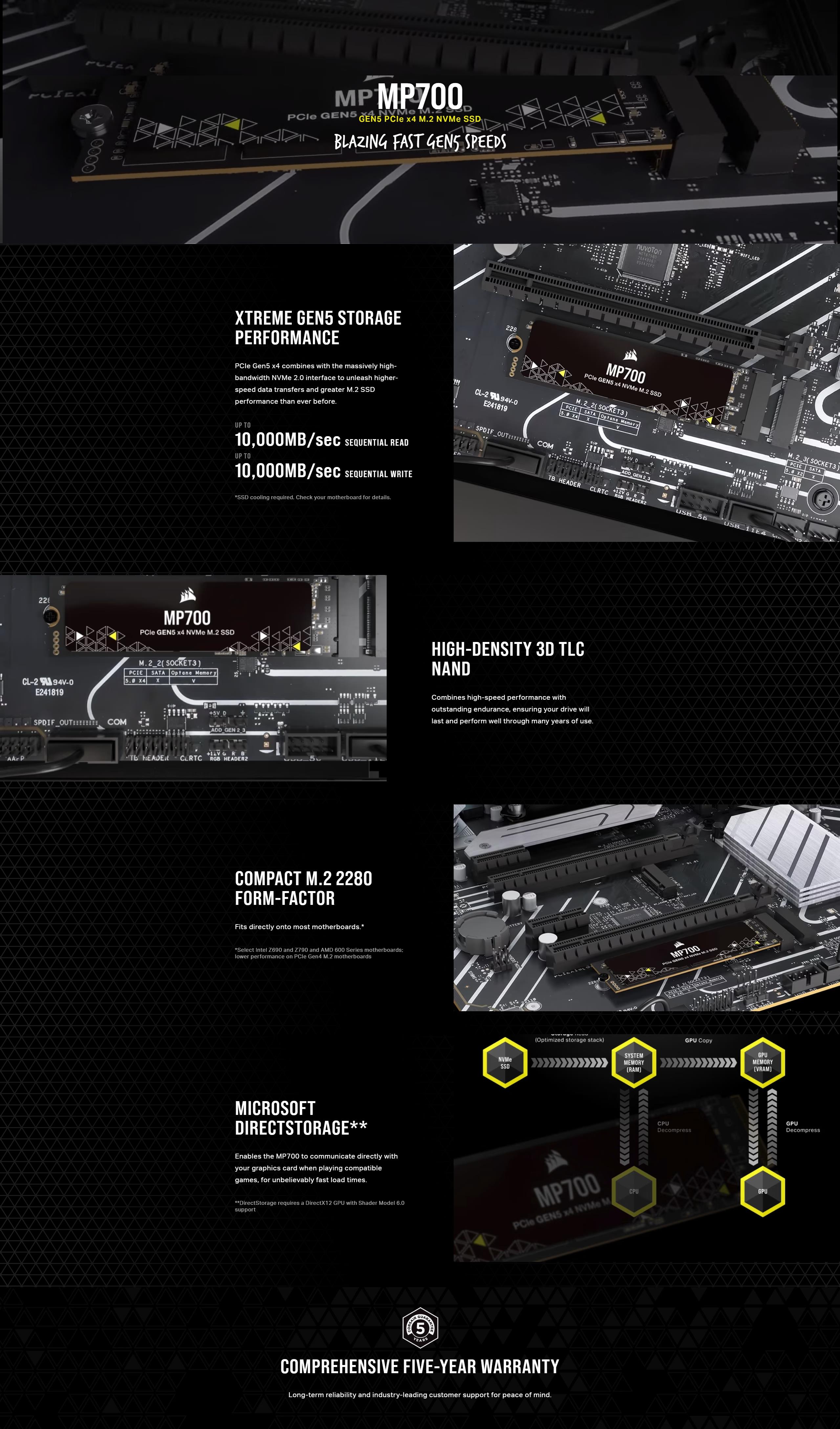 A large marketing image providing additional information about the product Corsair MP700 PCIe Gen5 NVMe M.2 SSD - 1TB - Additional alt info not provided