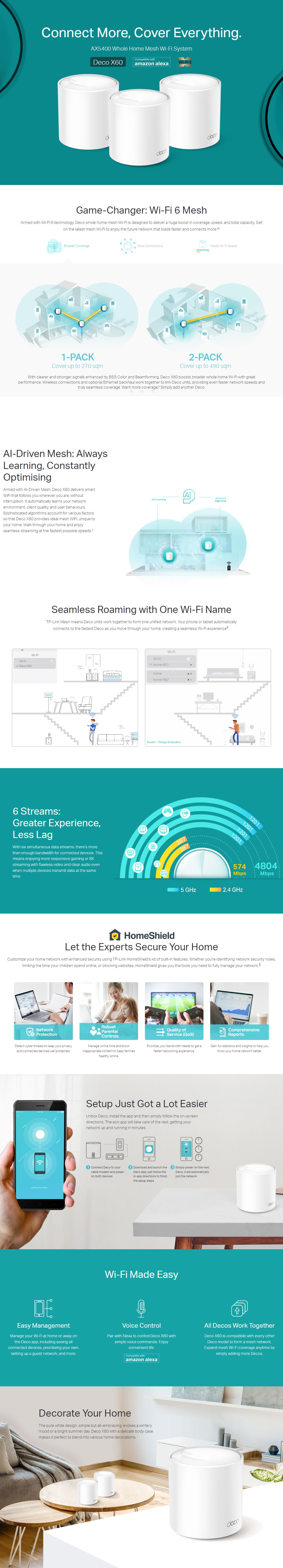 A large marketing image providing additional information about the product TP-Link Deco X60 - AX5400 Wi-Fi 6 Mesh System (3 Pack) - Additional alt info not provided