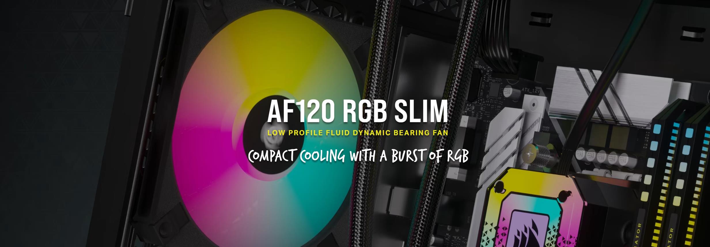 A large marketing image providing additional information about the product Corsair iCUE AF120 RGB SLIM 120mm PWM Fluid Dynamic Bearing Fan — Black Twin Pack - Additional alt info not provided