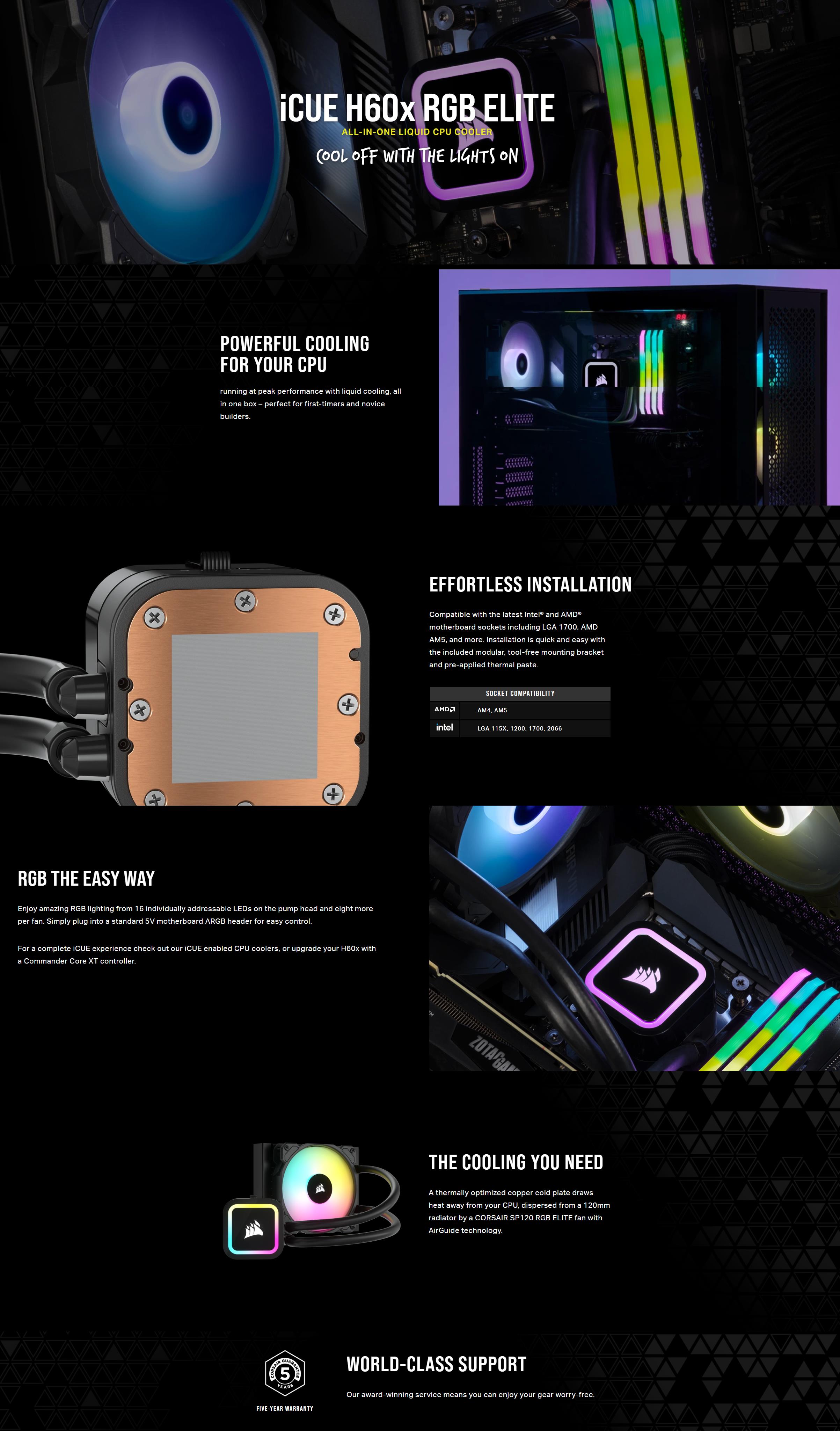 A large marketing image providing additional information about the product Corsair iCUE H60x RGB ELITE Liquid CPU Cooler - Additional alt info not provided