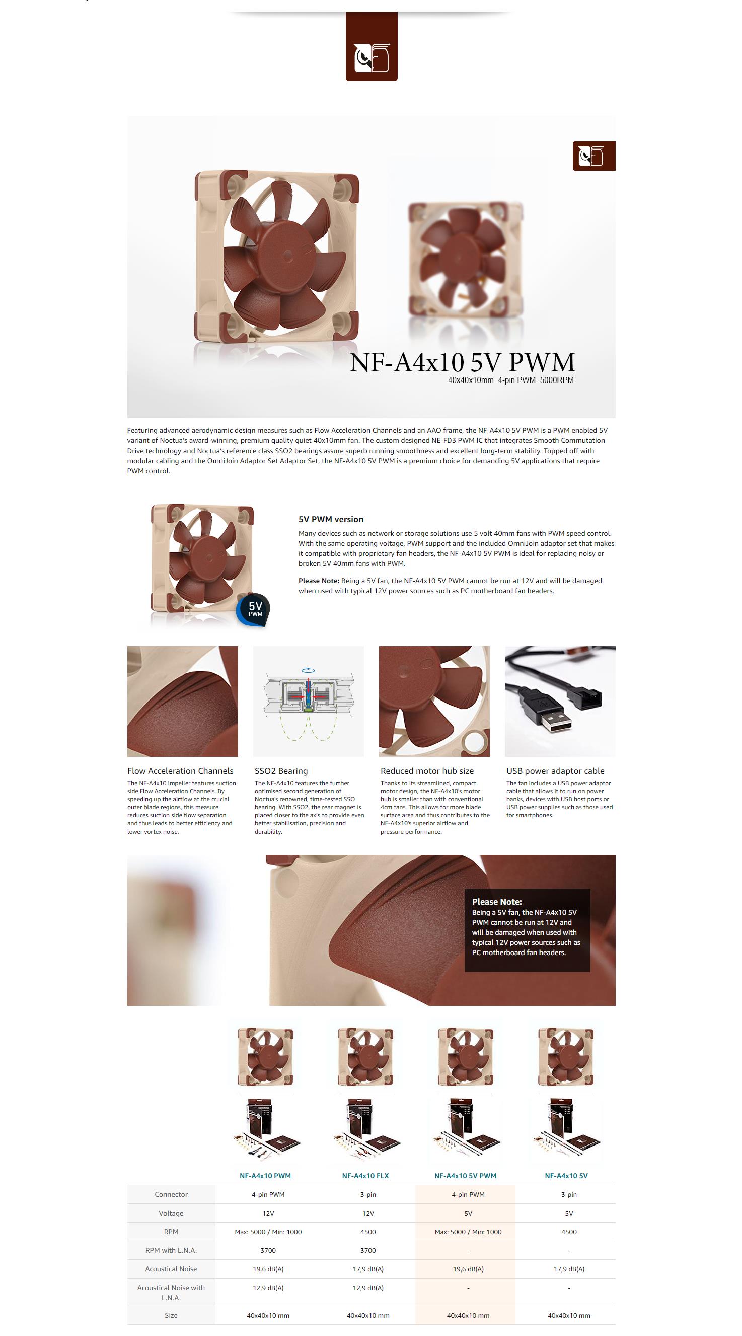 A large marketing image providing additional information about the product Noctua NF-A4x10 5V PWM - 40mm x 10mm 5000RPM Cooling Fan - Additional alt info not provided