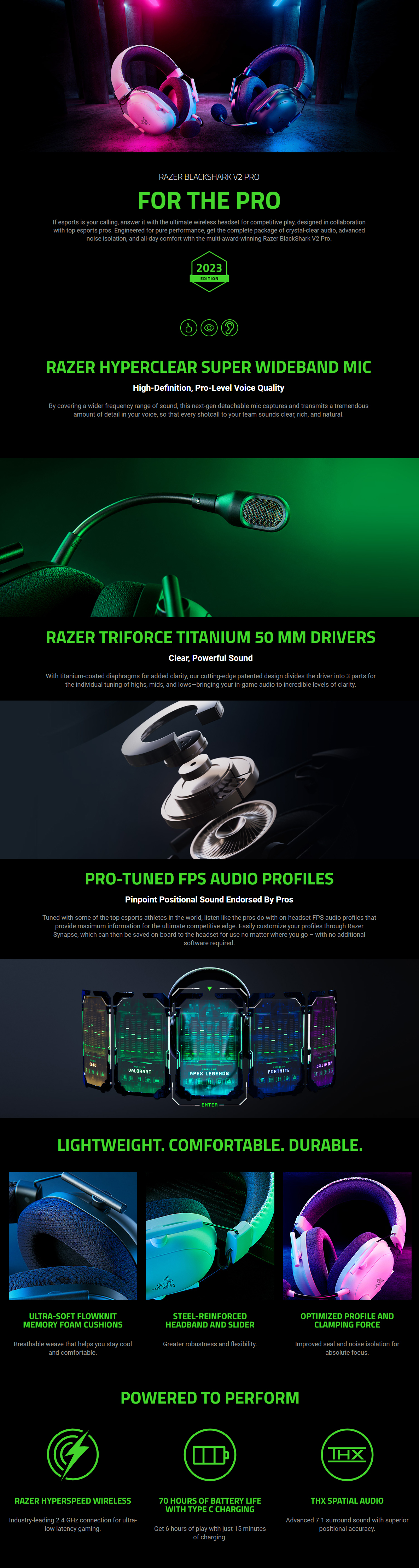 A large marketing image providing additional information about the product Razer BlackShark V2 Pro (2023) - Wireless Gaming Headset (Black) - Additional alt info not provided