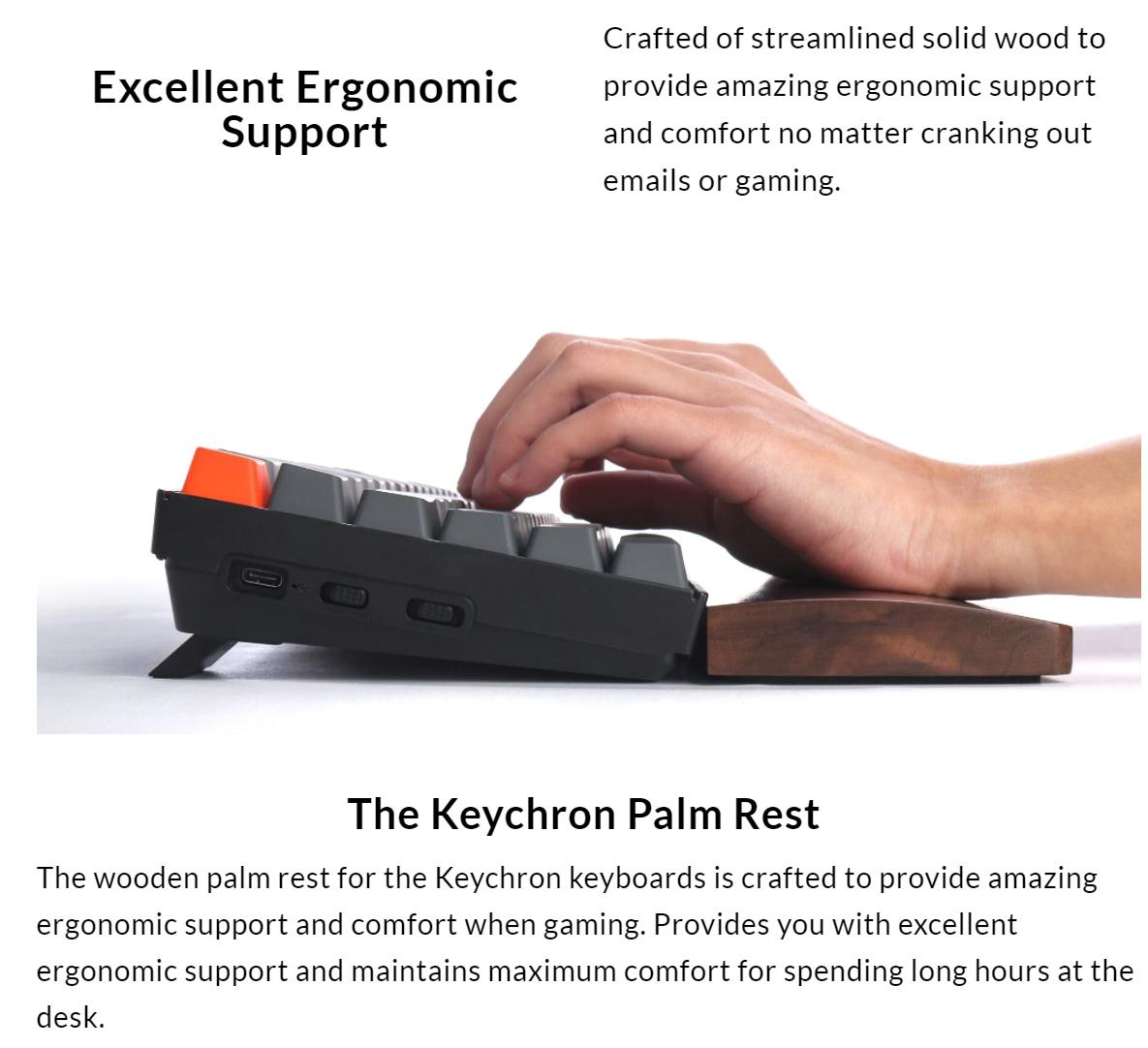 A large marketing image providing additional information about the product Keychron Q5 / V5 Walnut Wood Palm Rest - Additional alt info not provided
