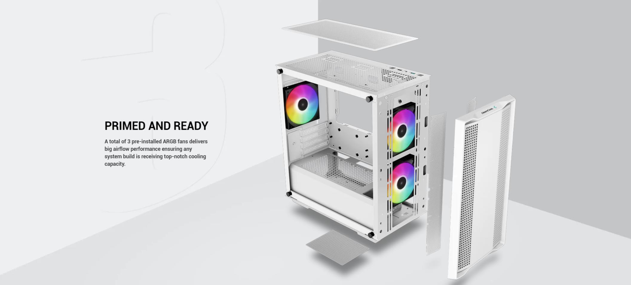 A large marketing image providing additional information about the product DeepCool CC360 ARGB mATX Tower Case - White - Additional alt info not provided