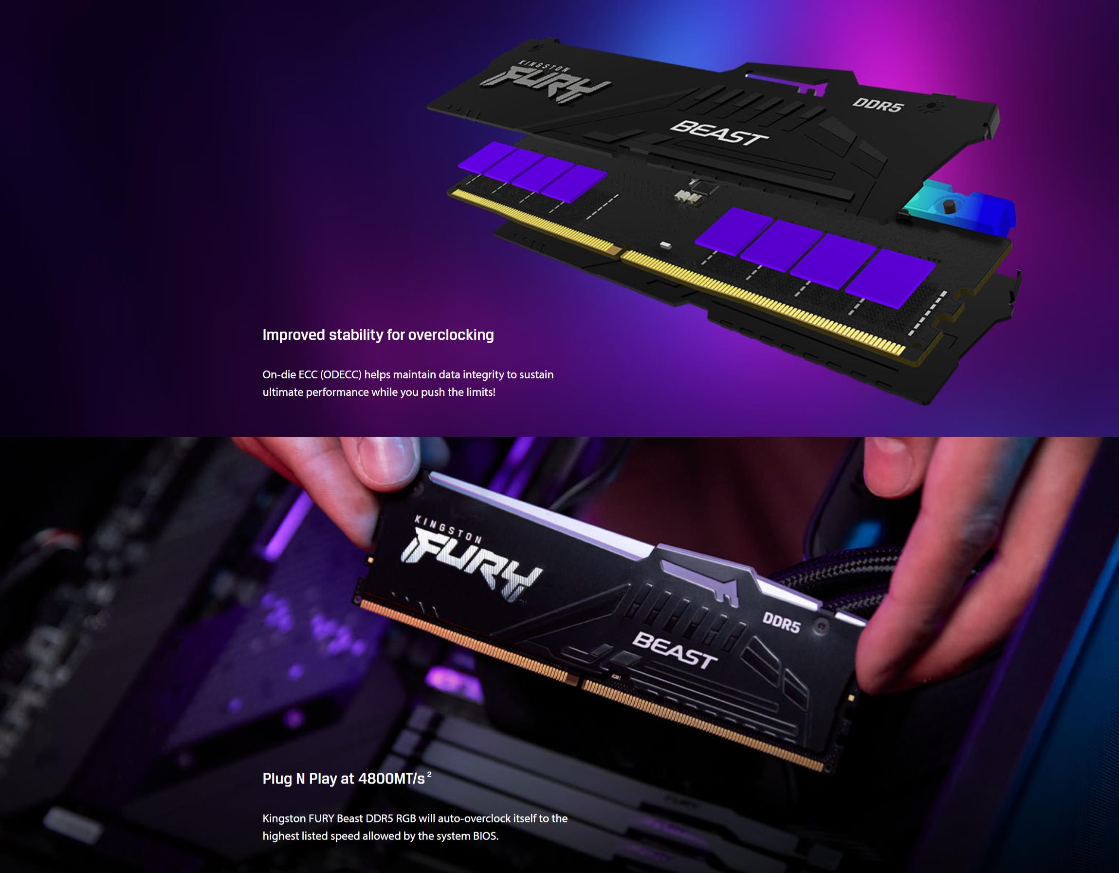 A large marketing image providing additional information about the product Kingston 32GB Kit (2x16GB) DDR5 Fury Beast RGB AMD EXPO C36 5200MHz - White - Additional alt info not provided